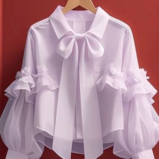 New Top Women's 2025 Spring vintage French Unique Beautiful Green Bow Long Sleeve Shirt A2918