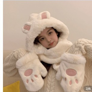 Hat Scarf Gloves Women's Winter Cute Rabbit Ear Bear Three-piece Set Fluff Warm Ear Protection Scarf