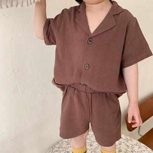 Детская одежда из Южной Кореи, новый костюм в Корейском стиле для мальчиков и девочек, детская льняная рубашка с короткими рукавами, Шорты, модный комплект из двух предметов