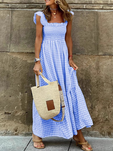 2025 cross-border independent station Amazon summer temperament women's collage plaid sling elastic big dress