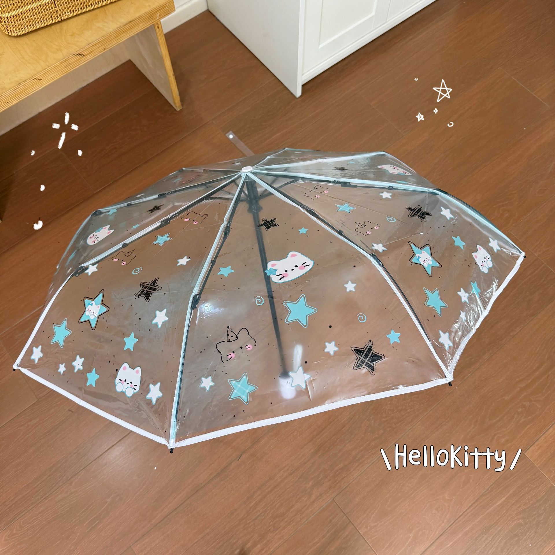 Mint green cat transparent umbrella, cartoon popular online, sun protection, foldable, fully automatic for both sunny and rainy days, cute for children and students.