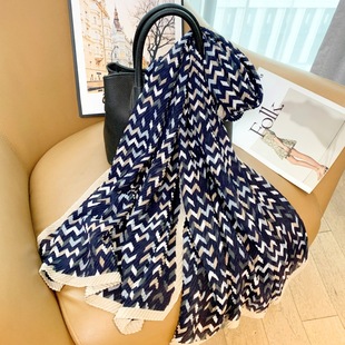 Autumn and Winter New High-end Simple All-match Shawl navy blue Striped Printed Cotton and Linen Feel Thin Pleated Scarf