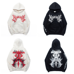 Cross-Border American High Street Retro Distressed Dark Style Hoodie Plus Velvet Loose Trendy Hooded Sweatshirt Jacket for Men and Women