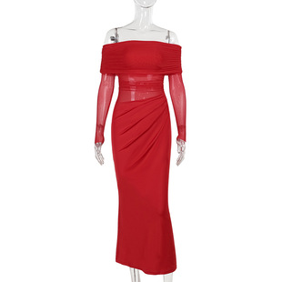 JY24308 Summer 2024 New Style Long Dress European and American Style Elegant Sexy Shoulder Mesh Hollow dress Women