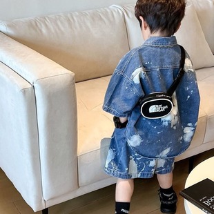 Boys' splash paint Denim suit 2024 Summer new short-sleeved shorts children's South Korea Western style coat middle pants fashion