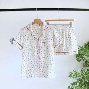 Short-Sleeved Shorts Women's Pajamas Washed Double-Layer Cotton Yarn Home Clothes Half-Sleeved Trim Pants Cotton suit Crepe Cotton New Arrival
