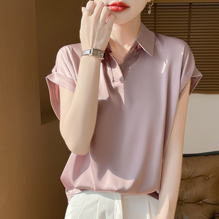 Silk Satin 2025 Spring and Summer Women's New Shirt Collar Short Elegant Pullover plus size Short-sleeved All-match T-shirt Top