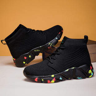 Couple's High-top Flying Woven fleece-lined sneaker Strap Socks Shoes Cross-border plus size Cotton Shoes Men's and Women's Autumn and Winter Casual Shoes