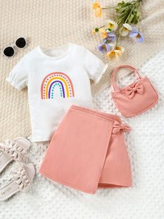 Children's Wear New Cross-border E-commerce Foreign Trade Summer Girl's Rainbow Print Crewneck T-shirt Skirt Bag Three-piece Set