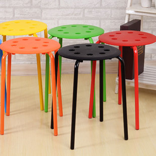 Eight-Hole Round Stool with Iron Legs, Plastic Round Surface, Eight-Hole Colorfulful Stool That Can Be Stacked with High Stools for Shoe Stools, Hotel Home Dining Stools