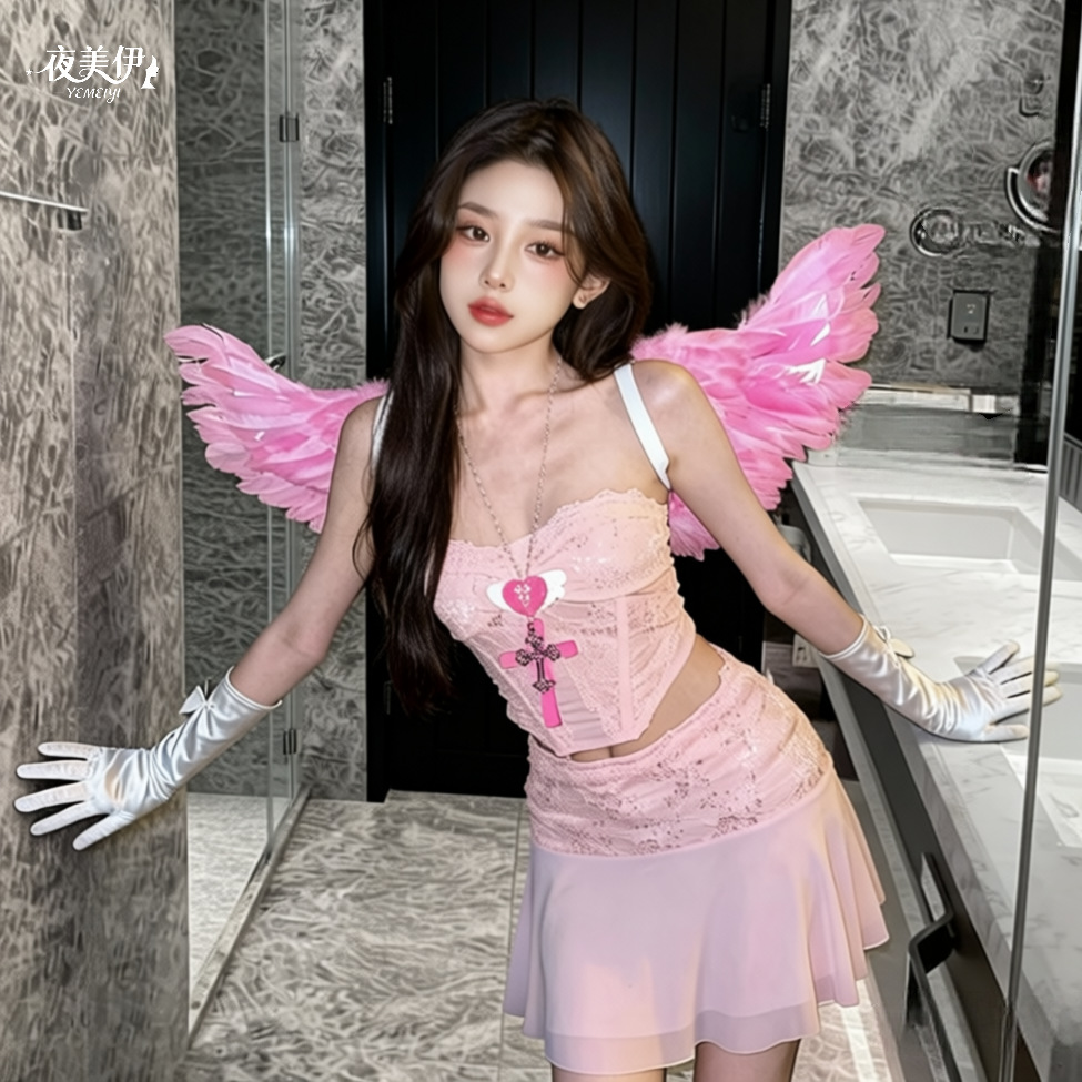 Nighttime Beauty Erotic Lingerie Pink Fishbone Corset High-Waisted Lace Short Skirt Suitable for Dating and Outdoor Wear Qqny Pure Desire Sleepwear