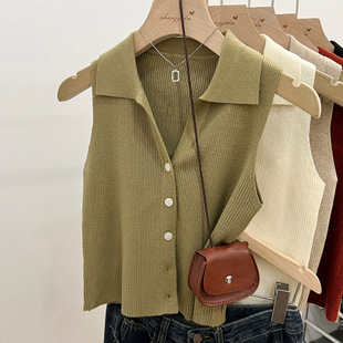 polo Lapel Vest Women's Summer Outer Wear Ice Silk Knitted Sleeveless Cardigan Elegant Versatile Waistcoat Top Bottoming Shirt