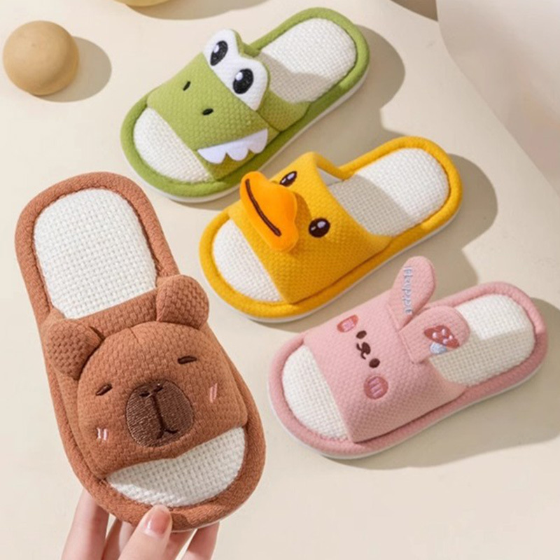 Children's linen slippers, all seasons, cartoon animal casual slippers, boys' and girls' indoor non-slip home slippers, summer slippers.