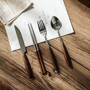Japanese-Style Wooden Retro Western-Style Tableware Exquisite Knife and Fork Spoon Steak Pagsta Knife and Fork Household Eating Chopsticks Small Spoon