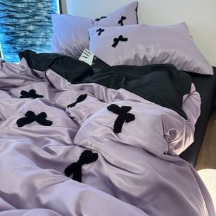 Summer Milk Tea Towel Embroidered Cool Ice Silk Quilt Cover Four-Piece Set Silky Silk Cartoon Quilt Cover Bed Sheet Three-Piece Set