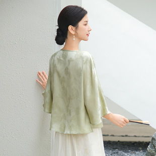 Qing shuzhai 2024 new women's clothing green Zen tea clothing modified Hanfu new Chinese summer jacquard satin top