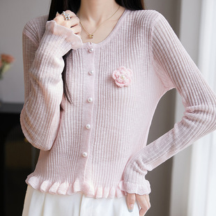 Gentle and Elegant Ice Silk Linen Knitted Air Conditioner Sunscreen Shirt Long Sleeve Flower Cardigan Women's 2025 Summer Short Coat