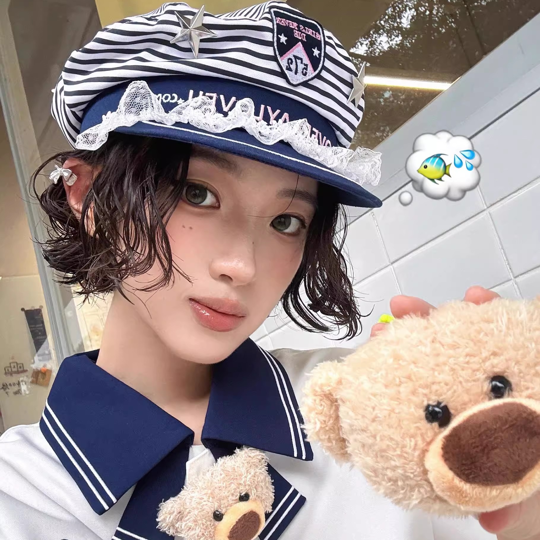 2025 New Navy Style Striped Lace Beret for Women, British Style Flat Top Hat, Trendy Beach Photo Sailor Hat