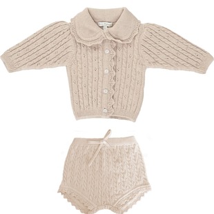 INS baby girls' Chanel style sweater cardigan long sleeve knitted suit lace top shorts pp pants 2-piece set