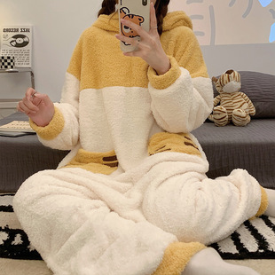 Wholesale coral fleece one-body pajamas women's winter thickened autumn and winter hooded cute plus size flannel home clothes