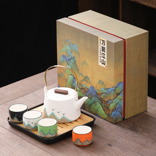 Wanli Mountain and River Travel Tea Set Side Handle Pot suit Teapot Tea Sea Coil Pot Kung Fu Tea Set Accompanying Gift Souvenir