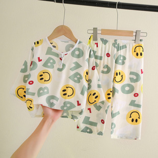 Children's Pajamas Summer Long-sleeved Thin Cotton Silk Home Clothes for Big Children and Boys