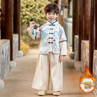 New Year's Day Children's Performance Clothes Chinese Style fleece-lined Hanfu Chinese Learning Class Clothes suit Red Primary School Students' Chorus Performance Clothes