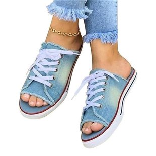 35-43 Women's Slippers 2020 Summer Fish-mouth Denim Canvas Lace-up Casual Flat Women's Sandals and Slippers Size 43