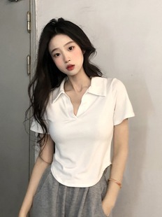 Ice Silk Polo Collar Shoulder Short-sleeved T-shirt Women's Summer Slim-fit Slimming Irregular Base Shirt T-shirt Short Top