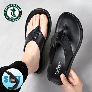 Oulun Woodpecker Summer New Men's Genuine Leather Outer Wear Casual Flip Flops Korean Style Ultra Light Printed Sandals and Slippers Trendy