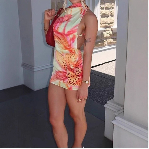 Amazon European and American Style Summer New Fashion Halterneck Tube Top Colorful Printed Holiday Style Hot Girl Dress Women's Clothing