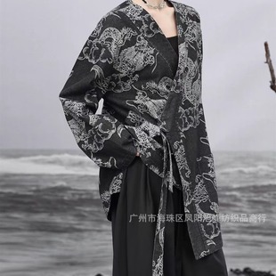 High-end black Denim printed washed fabric Longteng pattern fabric Chinese style clothing designer fabric DIY