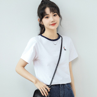 Campus Sweet Girl Crewneck T-shirt Women's Summer Shoulder Short-sleeved Embroidered Casual All-match Slimming Half-sleeved Top Instagram Style Trendy
