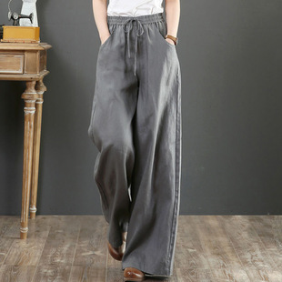 2024 Artistic and Western-style Thin Women's Summer Loose plus size Cotton and Linen Wide-leg Pants High Waist Straight Dose Casual Pants