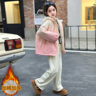 Girls' Quilted Cotton Outwears 2024 Winter New Style Medium and Large Children's Casual Casual Gradient Thickeneded Warm Cotton Outwears Trendy