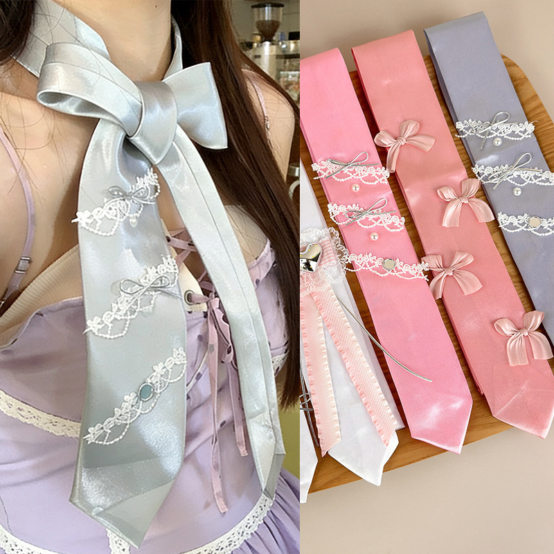 Personalized Sweetheart Lace Bow Tie for Women, Fashionable Y2K Sweet Cool Hot Girl Long Neck Scarf Belt Accessory