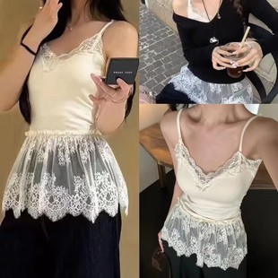 New V Neck Mesh Butt Curtain Spliced Ruffled Vest, Women's Atmospheric Inner Layer with Beautiful Lace Halter Top