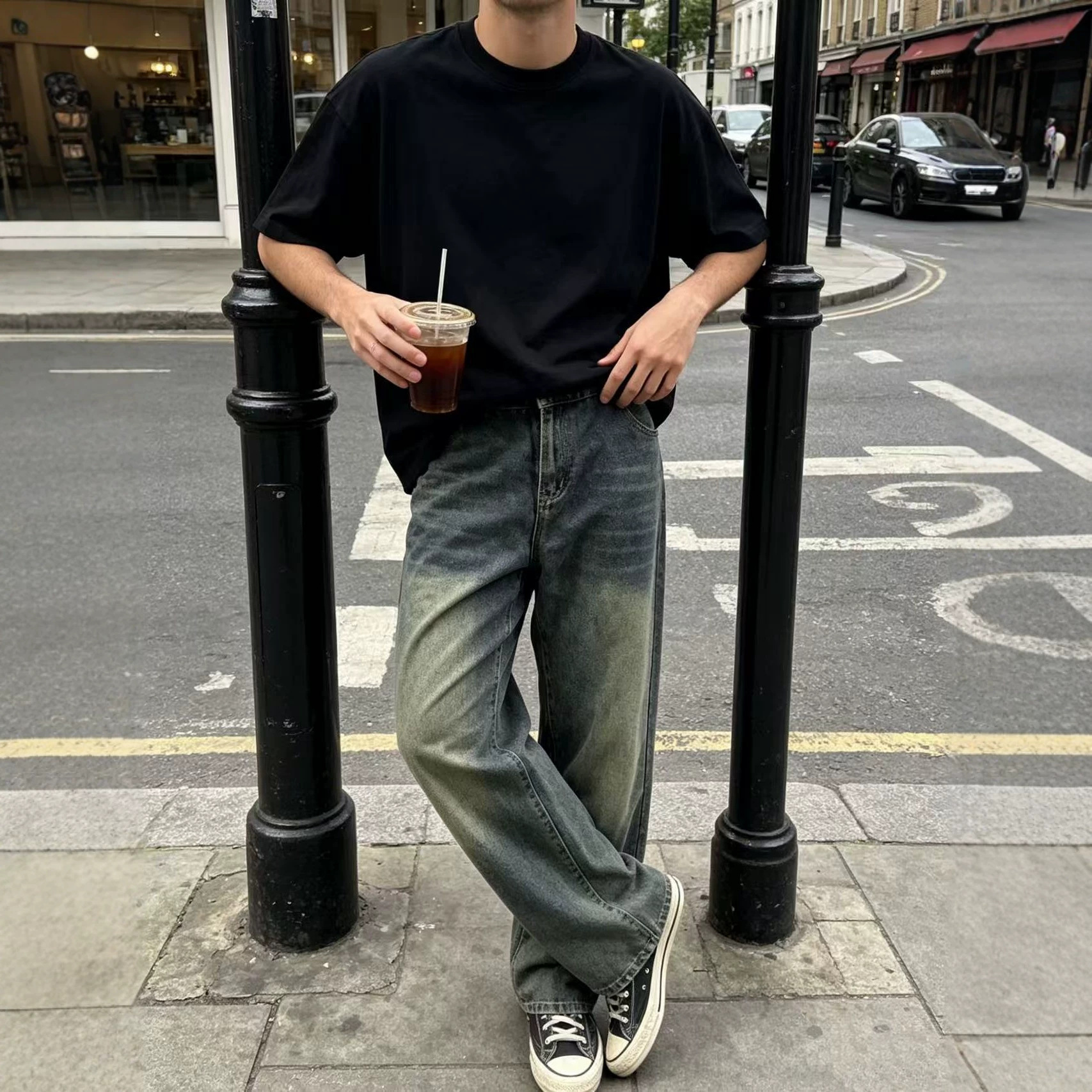 Trendy European and American Cross-Border Vintage Washed Loose Fit Versatile Straight-Leg Men's Jeans
