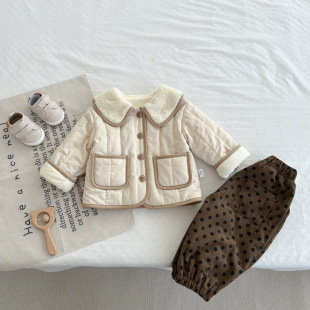Children's polka dot casual pants 2023 new western style fleece-lined Korean style corduroy pants autumn and winter baby outer pants