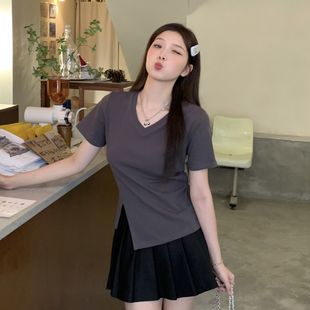 Designed V Neck Right Shoulder Short-Sleeved T-Shirt for Women 2024 Summer Large Size Slimming Look Cover Asymmetrical Belly Pure Desire Top for Women