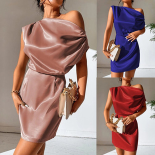 2023 cross-border new Amazon premium sexy asymmetric neckline satin dress European and American style