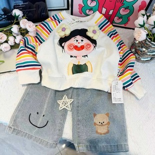 Spring and Autumn Thin Striped Girls' Sweatshirt Cartoon Fashionable Girl's Baby Children's Top Base Long Sleeve