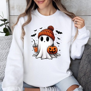 Amazon Foreign Trade Ladies Crewneck Halloween Sweat Coffee Pumpkin Bat Loose terry Ghost Sweat in stock