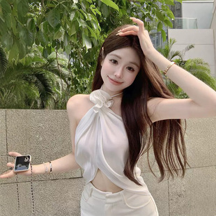 Sexy Elegant Halter Three-dimensional Hand-stitched Flower Camisole Women's Summer All-match Backless Cross Cropped Top Trendy
