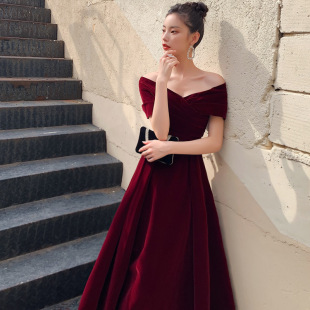 One-Shoulder Toast Dress Small Bride Wine Red Daily Wear Wedding Engagement Long Banquet Evening Dress for Women