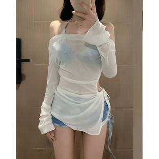 New Tie-dye Blue Sports Split Flat-angle Bikini Blouse Three-piece Swim Sexy Belly-covering Slimming Spice Girl