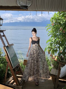 New Chinese style strap dress women's French retro ink floral stitching seaside holiday dress beach dress