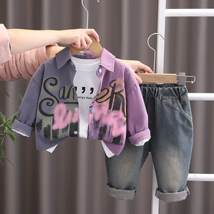 2025 Spring New Boy Baby Casual Simple All-match Fashion Color Matching Letter Stylish Clothing Three-piece Set