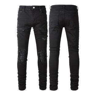 Foreign trade men's pleated cat whiskers patch jeans ripped jeans simple slim fit leggings