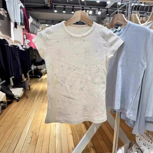 BM STyle BM Women's New Beige RabbiT PrinT Round Neck ShorT-sleeved T-shirT Female Sexy TighT Shoulder Top